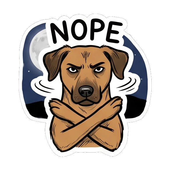 Brown dog looking grumpy with arms crossed in a nope gesture. Brown Dog Daily Moods sticker for expressive chats and social replies.