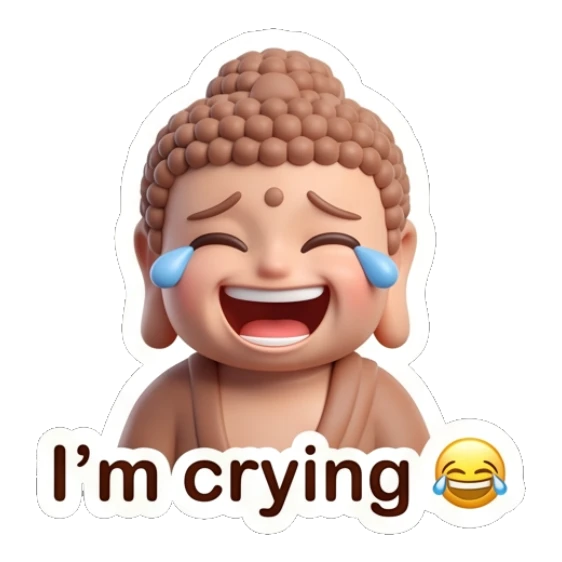 Little Buddha laughing heartily with tears of joy. Zen Little Buddha Vibes sticker for expressive chats and social replies.