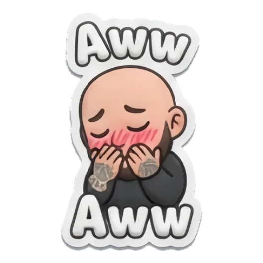 Bearded man blushing with hands on cheeks, text Aww Bearded Buddy Daily Vibes sticker for expressive chats and social replies.