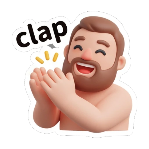 Bearded man clapping hands enthusiastically with a happy face. Bearded Buddy Expressions sticker for expressive chats and social replies.