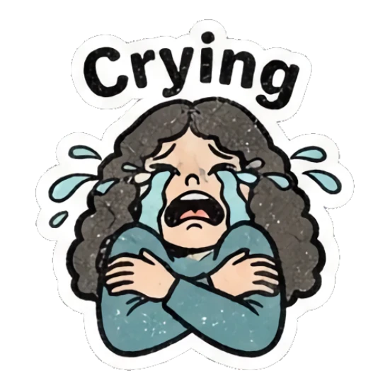 Sad girl crying with arms crossed with text Crying Curly Hair Retro Vibes sticker for expressive chats and social replies.