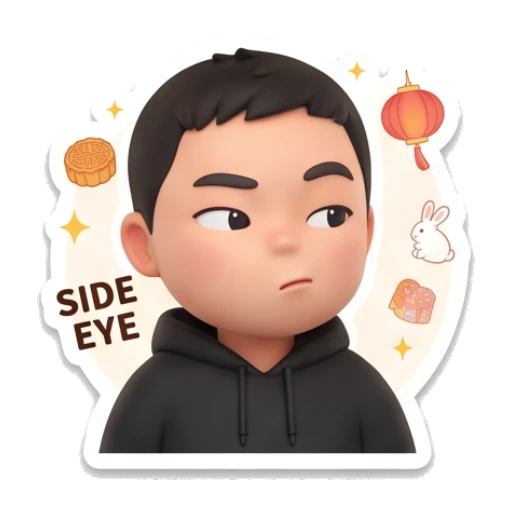 Boy looking sideways with text SIDE EYE Mid-Autumn Boy Expressions sticker for expressive chats and social replies.