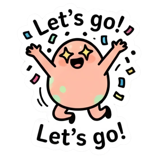 Excited egg character jumping with confetti and text Let's go! Doodle Egg Expressions sticker for expressive chats and social replies.