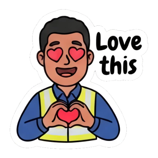 Worker making a heart shape with hands and love-struck eyes Busy Worker Daily Life sticker for expressive chats and social replies.