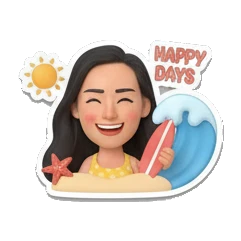 Girl smiling with surfboard and sun, text HAPPY DAYS Summer Beach Girl Vibes sticker for expressive chats and social replies.