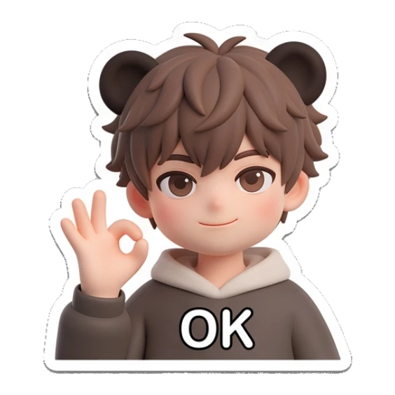 Boy with bear ears making an OK gesture with text OK. Brown Bear Boy Daily sticker for expressive chats and social replies.