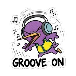Purple bird wearing headphones dancing, text GROOVE ON Purple Bird Music Festival sticker for expressive chats and social replies.