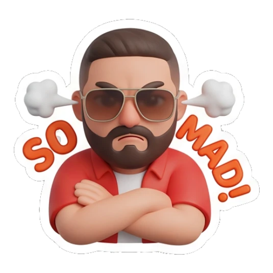 Angry bearded man wearing sunglasses with steam from ears, SO MAD Bearded Buddy Daily Vibes sticker for expressive chats and social replies.