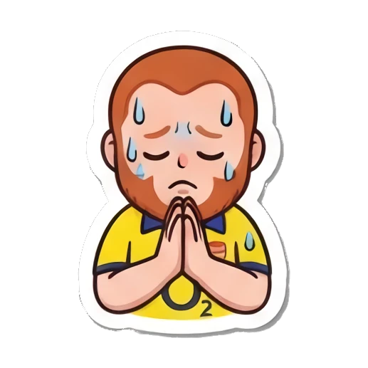 Red-bearded man praying with sweat drops on forehead. Red-Bearded Football Fan sticker for expressive chats and social replies.
