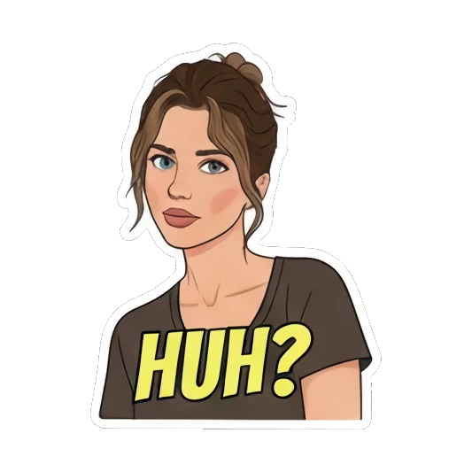 Confused 'HUH?' look Young Woman's Expression Pack sticker for expressive chats and social replies.