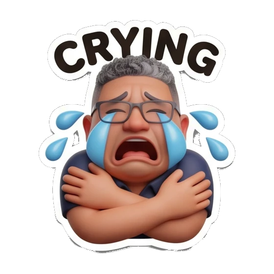 Man with glasses crying loudly with arms crossed with text CRYING Office Guy Expressions sticker for expressive chats and social replies.