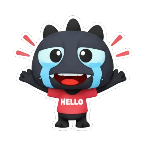 Black monster cries loudly with HELLO text. Little Black Monster Moods sticker for expressive chats and social replies.