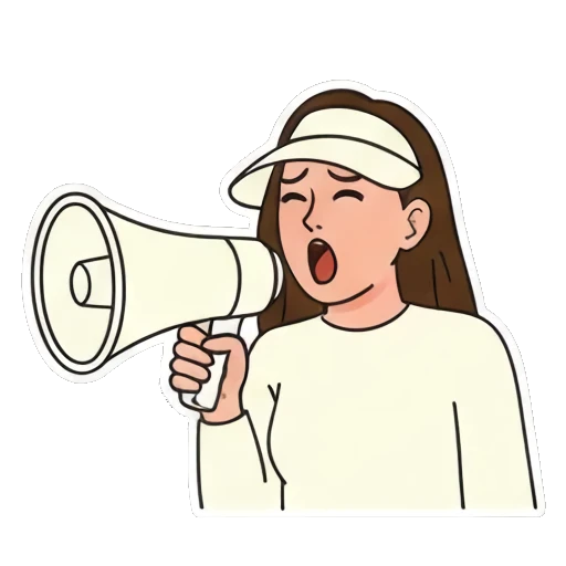 Woman shouting with a megaphone, "LISTEN UP!" Visor Girl Expressions sticker for expressive chats and social replies.