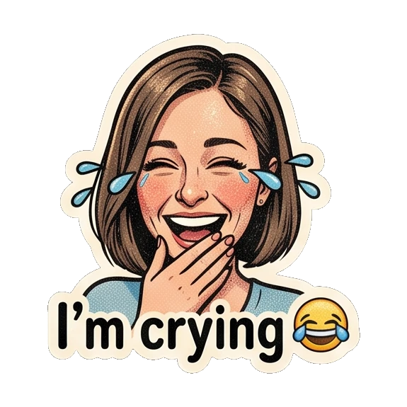 Young woman laughing with tears with 'I'm crying' text Retro Comic Girl Expressions sticker for expressive chats and social replies.