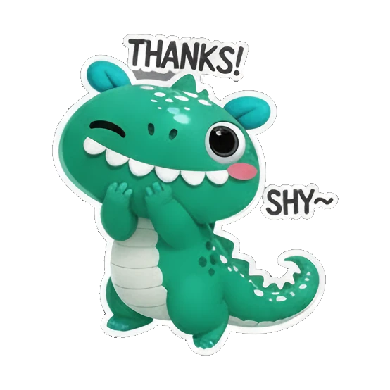 Dino saying thanks with hands together and THANKS text Cheerful Green Dino Adventures sticker for expressive chats and social replies.