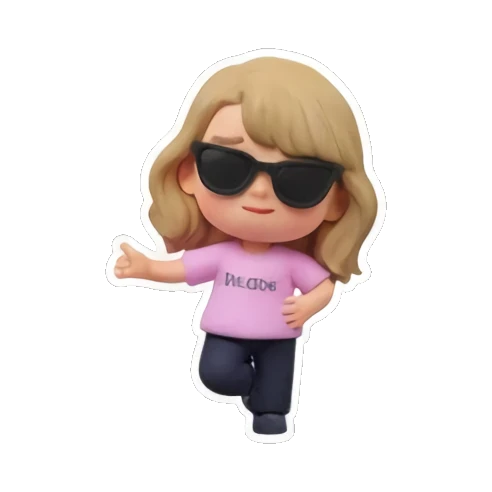 Blonde girl wearing sunglasses and posing, text 'BRIDE' Chibi Pop Star Life sticker for expressive chats and social replies.