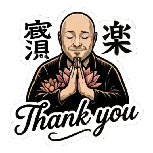 Bald man in a prayer pose with lotus flowers, text says Thank you. Bald Guy Daily Vibes sticker for expressive chats and social replies.