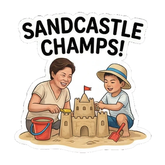 妈妈和儿子堆沙堡 Mom & Son's Summer Fun sticker for expressive chats and social replies.