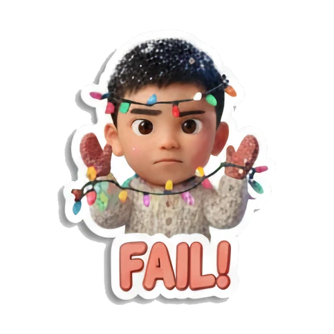 Boy tangled in fairy lights, fail Winter Boy Adventures sticker for expressive chats and social replies.