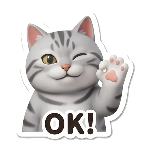 Gray tabby cat winking and waving hand with OK text Cheerful Gray Tabby Cat sticker for expressive chats and social replies.