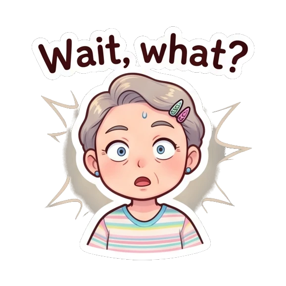 Grandma looking surprised and confused with a question mark. Cheerful Grandma Adventures sticker for expressive chats and social replies.
