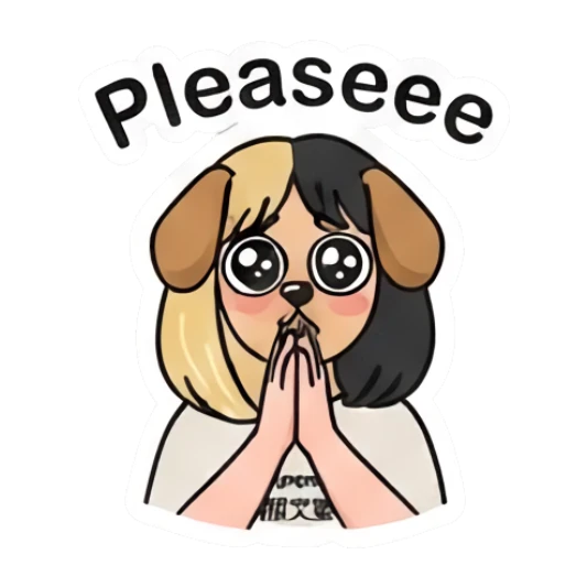 双色发女孩戴着狗耳朵卖萌求人，文字Pleaseee Two-Tone Girl Daily Vibes sticker for expressive chats and social replies.