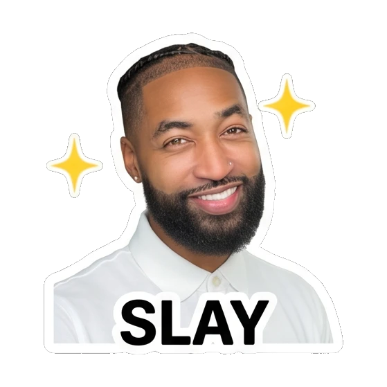 Bearded man smiling confidently with sparkling stars Daily Vibes with Marcus sticker for expressive chats and social replies.
