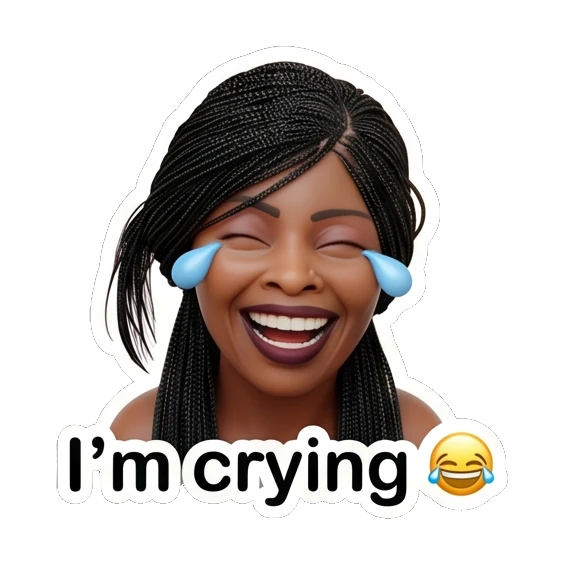 Woman laughing with tears of joy, text I'm crying Chic Afro-Textured Daily Expressions sticker for expressive chats and social replies.