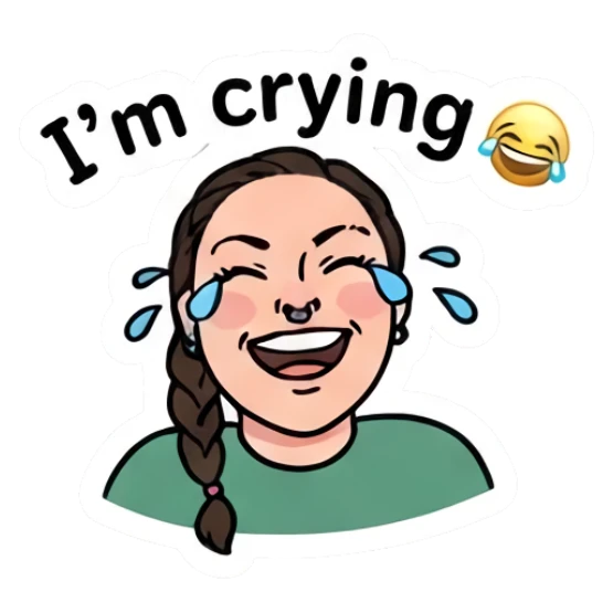 Girl laughing with tears of joy, text I'm crying. Daily Vibe Girl sticker for expressive chats and social replies.