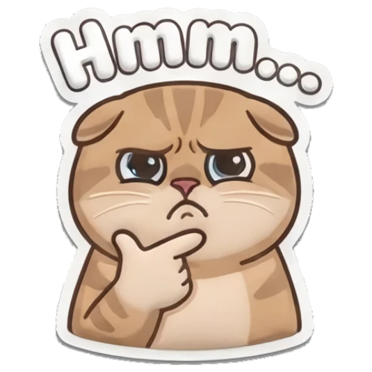 Pensive tabby cat thinking with a hand on chin and 'Hmm...' text Puffy Tabby Cat Moods sticker for expressive chats and social replies.