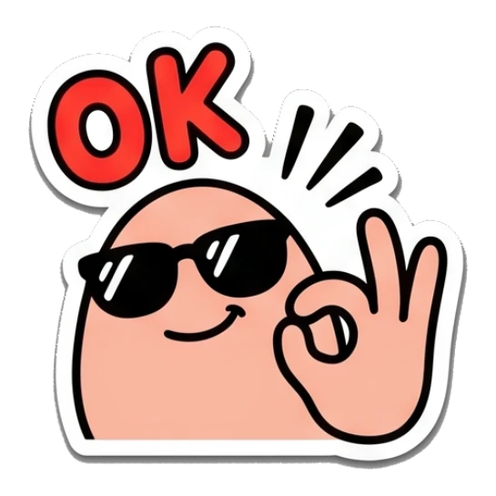 Egg character wearing sunglasses doing an OK hand gesture with text OK. Egg-cellent Moods sticker for expressive chats and social replies.