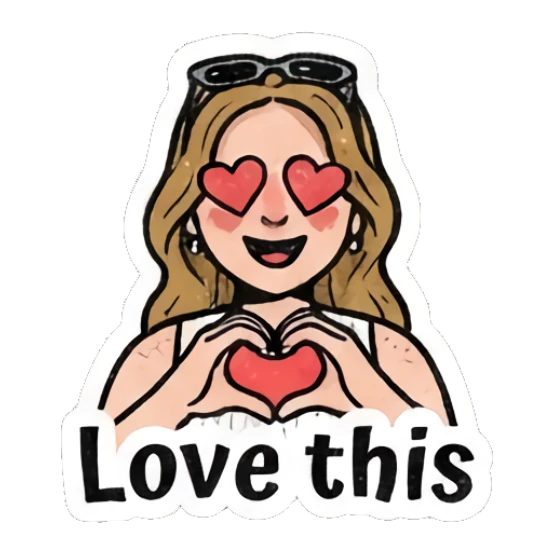Girl making a heart shape with hands, text 'Love this' Retro Comic Girl Expressions sticker for expressive chats and social replies.