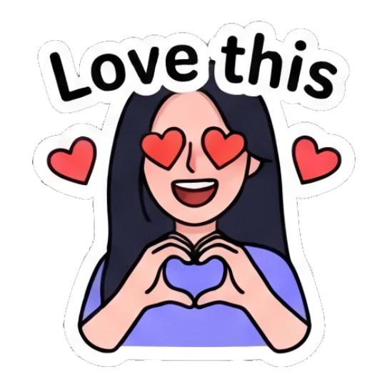 Girl with heart-shaped eyes making a heart gesture, text Love this Daily Life of a Trendy Girl sticker for expressive chats and social replies.