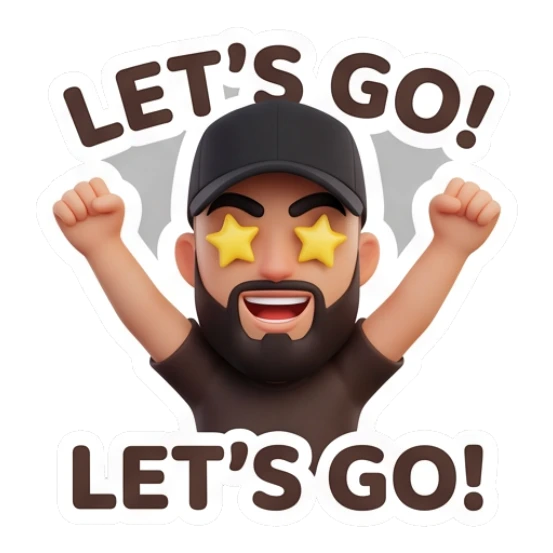 Man with beard cheering with star eyes, text LET'S GO! Modern Couple Daily Vibes sticker for expressive chats and social replies.