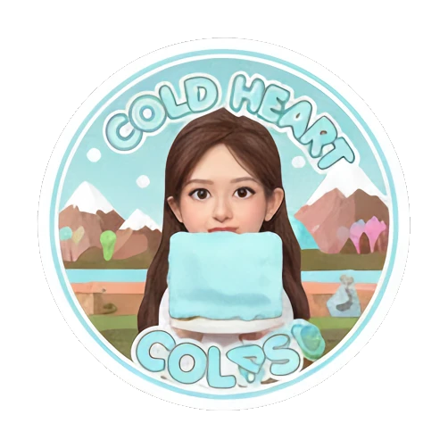 Girl with blue cake, 'COLD HEART' text, cool expression. Sweet Girl Daily Life sticker for expressive chats and social replies.