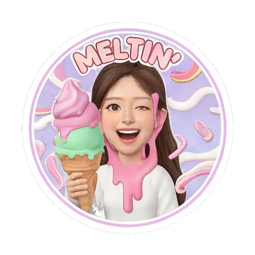 Girl with melting ice cream, 'MELTING' text, winking. Sweet Girl Daily Life sticker for expressive chats and social replies.