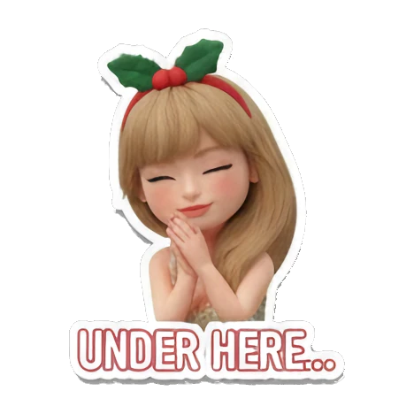 Blonde girl with hands clasped in anticipation, text UNDER HERE... Festive Blonde Holiday Vibes sticker for expressive chats and social replies.