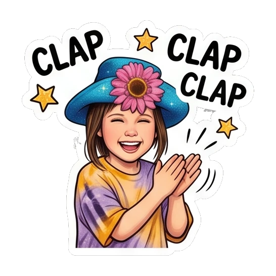 Happy girl clapping hands with excitement with text CLAP Sunflower Girl Daily Vibes sticker for expressive chats and social replies.