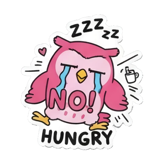 饥饿哭泣想睡HUNGRY Pink Owl Expression Stickers sticker for expressive chats and social replies.