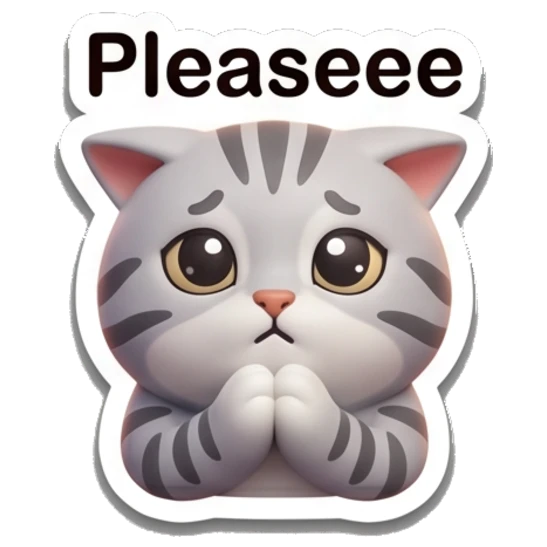 Pleading gray tabby cat with hands together and text 'Pleaseee' Cheerful Gray Tabby Cat sticker for expressive chats and social replies.