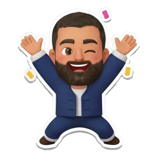 胡子大叔张开双臂欢呼，表情兴奋，充满活力 Bearded Man Daily Expressions sticker for expressive chats and social replies.