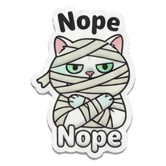 White cat mummy with arms crossed, Nope Spooky Cute Cat Halloween Vibes sticker for expressive chats and social replies.