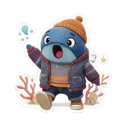 Blue whale waving hand, excited expression, text 'HI!' Ocean Buddy Adventures sticker for expressive chats and social replies.