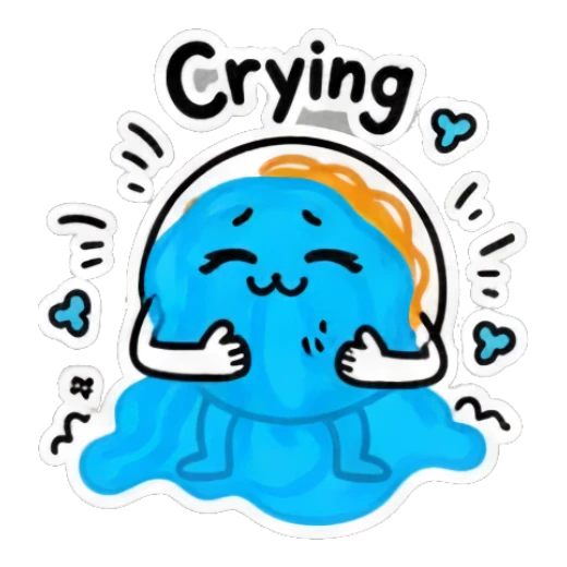 Blue spaghetti character crying in a puddle with 'Crying' text. Spaghetti Doodle Pals sticker for expressive chats and social replies.
