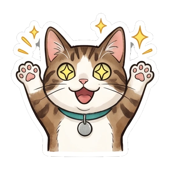 Tabby cat excited with sparkling star eyes and raised paws Tabby Cat Daily Life sticker for expressive chats and social replies.
