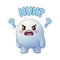 Angry snow creature with question marks with HUH text. Snowy Buddy Adventures sticker for expressive chats and social replies.