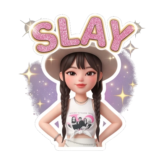 Girl in hat standing confidently with hands on hips and text SLAY Chic Hat Girl Expressions sticker for expressive chats and social replies.