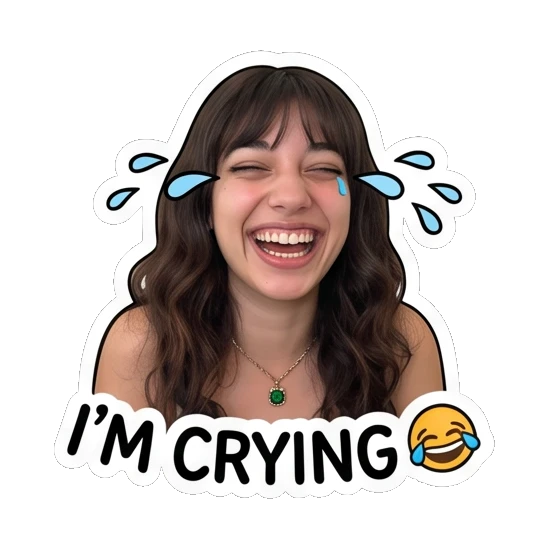 Young woman laughing with tears of joy, text I'M CRYING Daily Moods of a Girl sticker for expressive chats and social replies.