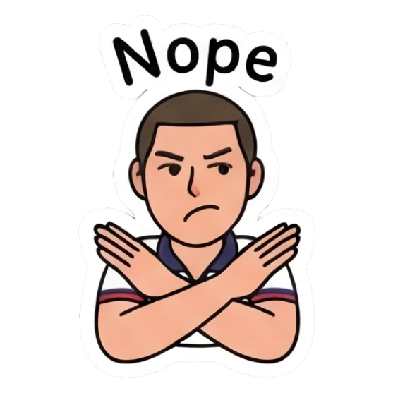 Young man crossing arms in an X shape to signal no or nope. Daily Life of a Cool Guy sticker for expressive chats and social replies.