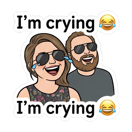 Woman and man laughing with text I'm crying Couple Vibes Daily sticker for expressive chats and social replies.